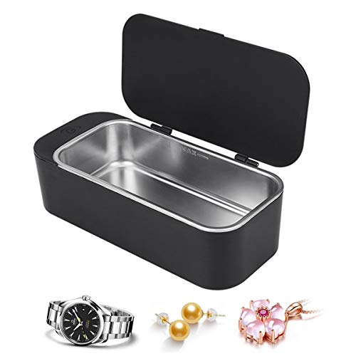 LFMHKM Ultrasonidos joyería Cleaner con la Limpieza doméstica pequeña Cesta para Las Monedas Llaves de Oro Anillos de Plata Collar de cosmética Pluma Vidrios Limpiador,Negro
