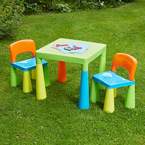 Liberty House Toys Children's Table with 2 Chairs Mesa Infantil de plástico con 2 sillas, Verde, Naranja, Azul, Amarillo, 45.5cm H x 50.8cm W x 50.8cm D