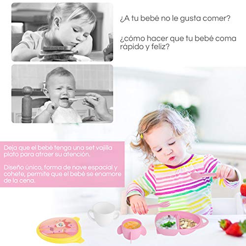 Lictin Set Vajilla Bebé sin BPA,Vajilla Infantil de Naves Espaciales y Cohetes para Bebes, Fácil de Llevar (Rosa)