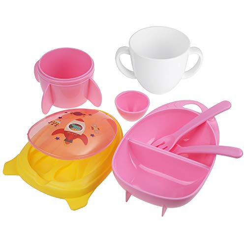 Lictin Set Vajilla Bebé sin BPA,Vajilla Infantil de Naves Espaciales y Cohetes para Bebes, Fácil de Llevar (Rosa)
