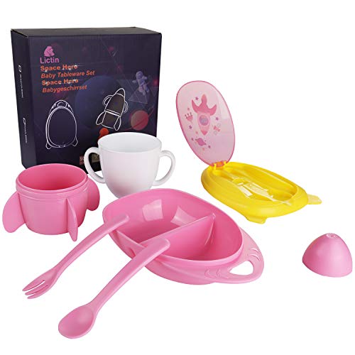 Lictin Set Vajilla Bebé sin BPA,Vajilla Infantil de Naves Espaciales y Cohetes para Bebes, Fácil de Llevar (Rosa)