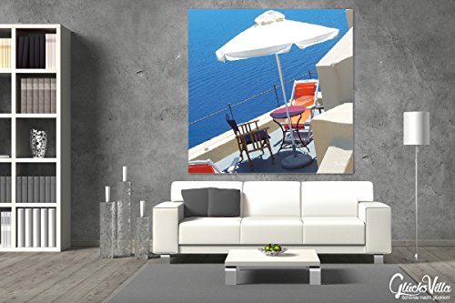 Lienzo de pared XXL de 80 x 80 cm, impresión digital sobre lienzo sobre lienzo de 2 cm de Grecia, Egeo, isla del mar de Grecia, color blanco y azul