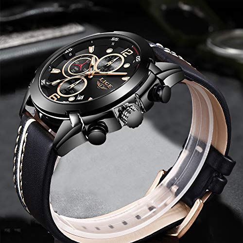 LIGE Reloj para Hombre Deporte Correa de Cuero Resistente al Agua Crono Correa de Cuero analógica Acero Inoxidable Cuarzo Moda Ocio Reloj Hombre