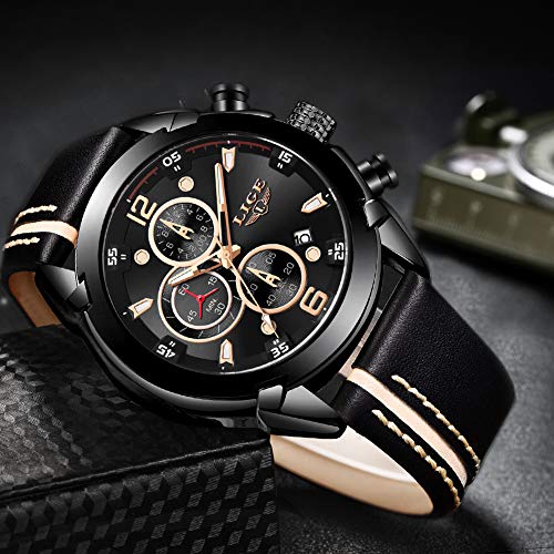 LIGE Reloj para Hombre Deporte Correa de Cuero Resistente al Agua Crono Correa de Cuero analógica Acero Inoxidable Cuarzo Moda Ocio Reloj Hombre