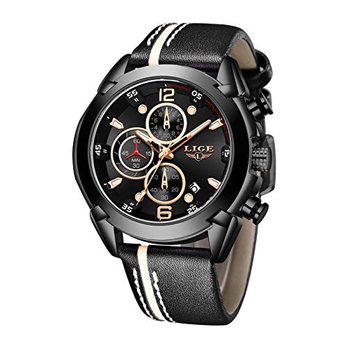 LIGE Reloj para Hombre Deporte Correa de Cuero Resistente al Agua Crono Correa de Cuero analógica Acero Inoxidable Cuarzo Moda Ocio Reloj Hombre