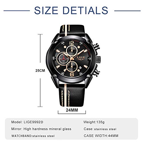 LIGE Reloj para Hombre Deporte Correa de Cuero Resistente al Agua Crono Correa de Cuero analógica Acero Inoxidable Cuarzo Moda Ocio Reloj Hombre