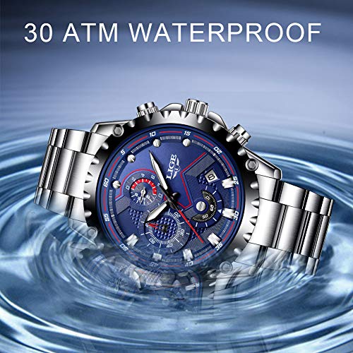 LIGE Reloj para Hombre, Deportes De Moda Reloj De Cuarzo Analógico Cronógrafo,Reloj De Acero Inoxidable para Hombres, Reloj De Regalo Impermeable Casual, Reloj Clásico De Fecha Azul