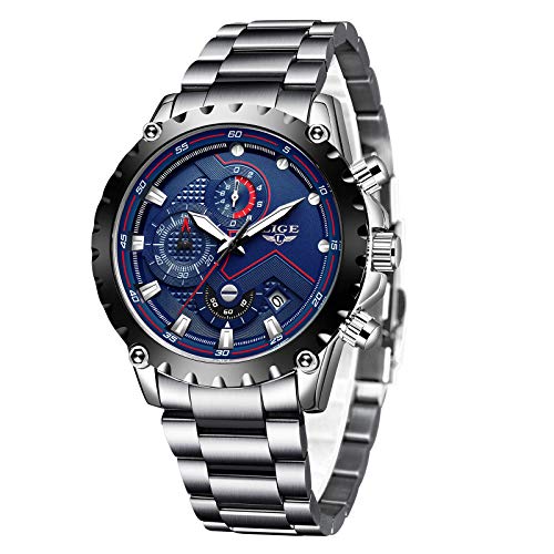 LIGE Reloj para Hombre, Deportes De Moda Reloj De Cuarzo Analógico Cronógrafo,Reloj De Acero Inoxidable para Hombres, Reloj De Regalo Impermeable Casual, Reloj Clásico De Fecha Azul