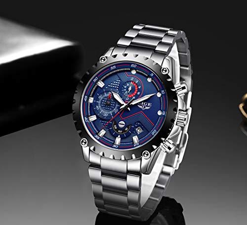 LIGE Reloj para Hombre, Deportes De Moda Reloj De Cuarzo Analógico Cronógrafo,Reloj De Acero Inoxidable para Hombres, Reloj De Regalo Impermeable Casual, Reloj Clásico De Fecha Azul