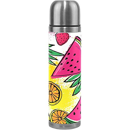 Like-like Trópicos de Moda Fruta Botella de Agua de Acero Inoxidable Termo con Aislamiento al vacío Frasco de Doble Pared Cubierta de Cuero Genuino