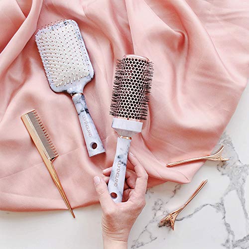 Lily England Set de Cepillos de Pelo para el Cabello - Cepillo Plano, Cepillo Redondo Cilíndrico de Secado, Peine y Pinzas de Pelo - Mármol y Oro Rosa (5x Piezas)