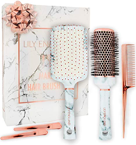 Lily England Set de Cepillos de Pelo para el Cabello - Cepillo Plano, Cepillo Redondo Cilíndrico de Secado, Peine y Pinzas de Pelo - Mármol y Oro Rosa (5x Piezas)