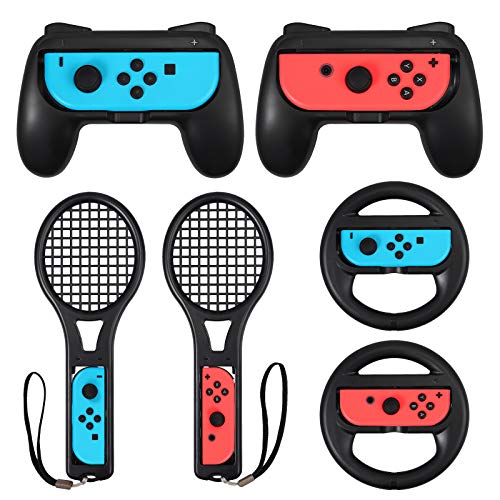 LiNKFOR Accesorios de Joy-Con 2PCS Grip para Mando 2PCS Raqueta de tenis 2 PCS Volantes Accesorios para Switch 3 en 1 Compatible con Switch Mario Kart Racing - Negro