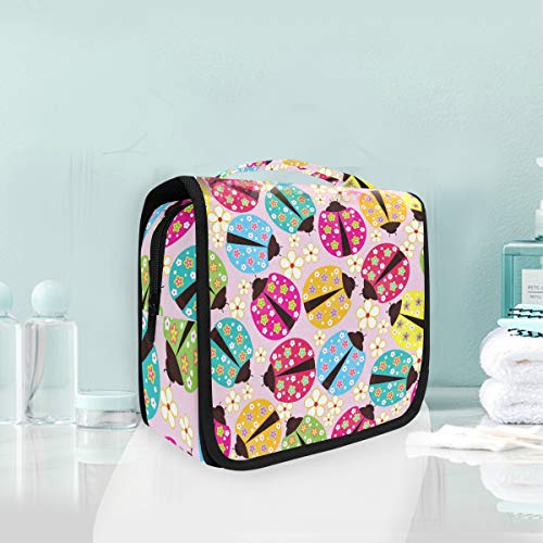 Linomo - Neceser de Viaje para Mujer y Hombre, diseño de Mariquita Colorida, Bolsas de Maquillaje Grandes con Gancho