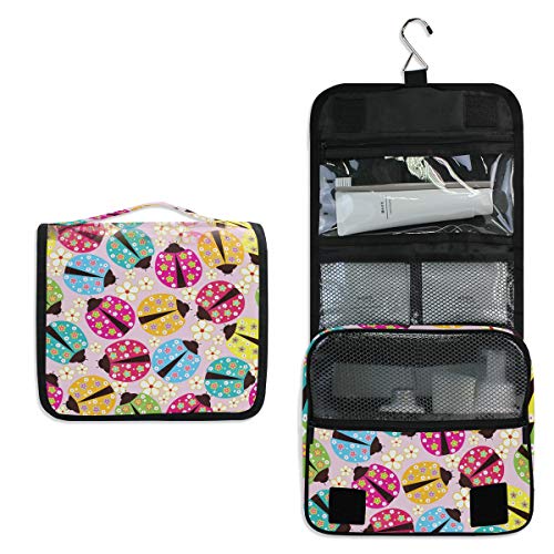 Linomo - Neceser de Viaje para Mujer y Hombre, diseño de Mariquita Colorida, Bolsas de Maquillaje Grandes con Gancho