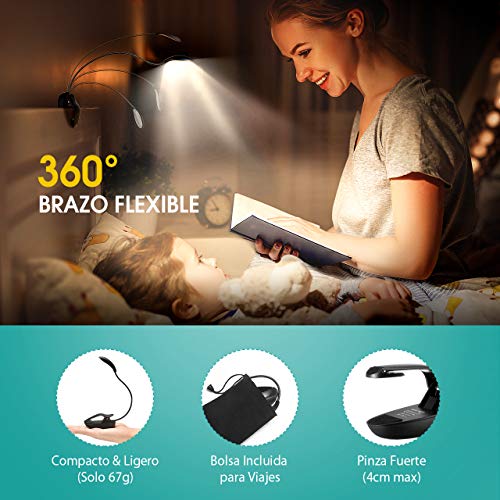 LITOM Luz Lectura Libros Recargable con 60 Horas de Duración, Lampara Lectura 8 Led con 12 Modos, 360° Flexible Lampara Pinza para Libros, Cama, Viaje