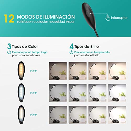 LITOM Luz Lectura Libros Recargable con 60 Horas de Duración, Lampara Lectura 8 Led con 12 Modos, 360° Flexible Lampara Pinza para Libros, Cama, Viaje