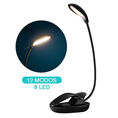 LITOM Luz Lectura Libros Recargable con 60 Horas de Duración, Lampara Lectura 8 Led con 12 Modos, 360° Flexible Lampara Pinza para Libros, Cama, Viaje