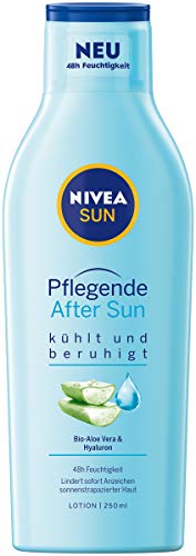 Loción para después del sol Nivea Sun (250 ml), loción con efecto calmante después del baño de sol, After Sun con aloe vera orgánico y ácido hialurónico para 48 horas de humedad.