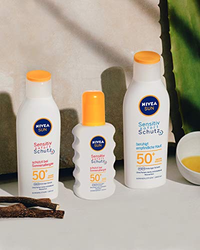 Loción solar Nivea Sun Sensitiv de protección instantánea en paquete de 1 unidad (1 x 200 ml), loción solar con FPS 50+ para pieles sensibles, resistente al agua y a la luz solar
