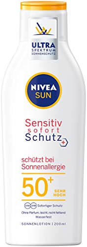 Loción solar Nivea Sun Sensitiv de protección instantánea en paquete de 1 unidad (1 x 200 ml), loción solar con FPS 50+ para pieles sensibles, resistente al agua y a la luz solar