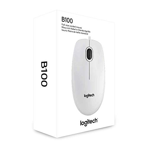Logitech B100 Ratón con Cable, 3 Botones, Seguimiento Óptico, Ambidiestro, PC/Mac/Portátil , Blanco