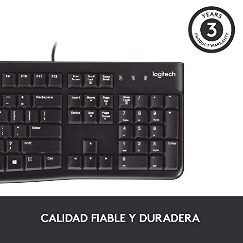 Logitech K120 Teclado con Cable para Windows, Tamaño Normal, Resistante a Líquido, Barra Espaciadora Curvada, PC/Portátil, Disposición QWERTY Español, color Negro