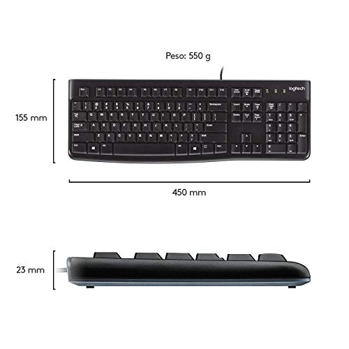 Logitech K120 Teclado con Cable para Windows, Tamaño Normal, Resistante a Líquido, Barra Espaciadora Curvada, PC/Portátil, Disposición QWERTY Español, color Negro