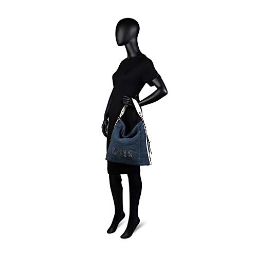 Lois - Bolso Bandolera de Mujer Tipo Hobo. Cierre Cremallera. Lino y Cuero PU Polipiel. Logo con Remaches. Pequeño Cómodo y Práctico para Uso Diario. 301070, Color Azul