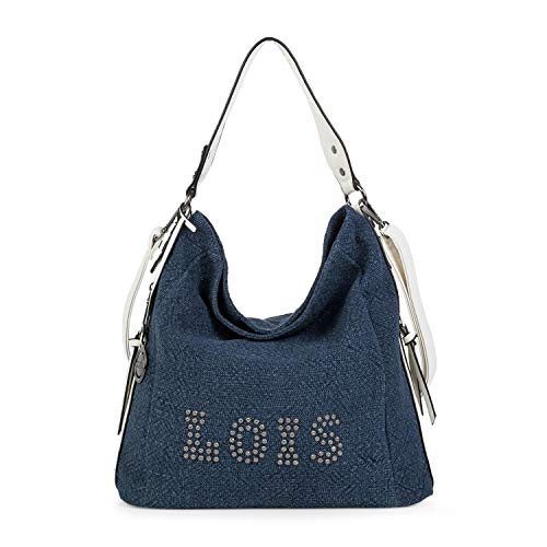 Lois - Bolso Bandolera de Mujer Tipo Hobo. Cierre Cremallera. Lino y Cuero PU Polipiel. Logo con Remaches. Pequeño Cómodo y Práctico para Uso Diario. 301070, Color Azul