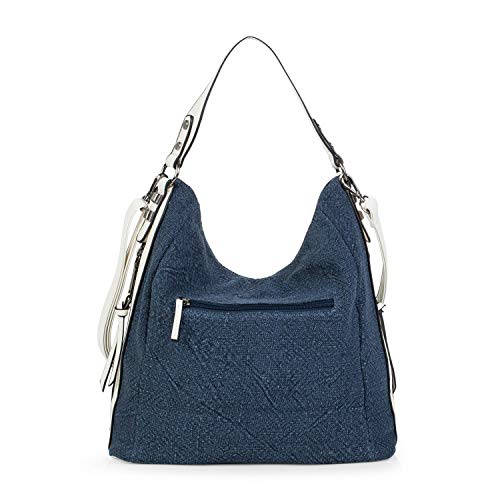 Lois - Bolso Bandolera de Mujer Tipo Hobo. Cierre Cremallera. Lino y Cuero PU Polipiel. Logo con Remaches. Pequeño Cómodo y Práctico para Uso Diario. 301070, Color Azul