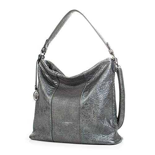 Lois - Bolso de Mujer Grande al Hombro Tipo Hobo. Asa Grande y Bandolera. Cuero PU y Remaches. para Diario Paseo Compras Viaje. Bueno y Bonito. Moda Marca y Calidad. 94770, Color Gris