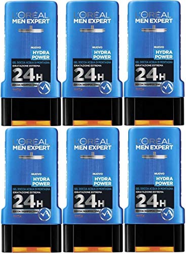 LOreal Men Expert HYDRA POWER Gel de ducha (6 x 300 ml) para cara, cuerpo y cabello