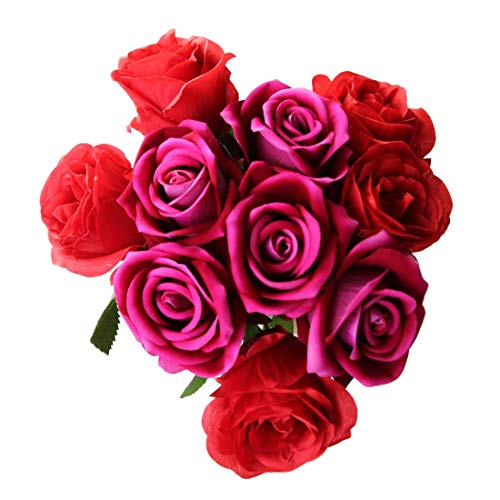 Lorigun 10 Piezas Rosas Artificiales Flores Artificiales Rosas Rosas Falsas para decoración Flores de Seda Rosa Flores Dobles Rosas Individuales Tallo Ramo (Rosado y Rojo) Cada Color 5 Piezas