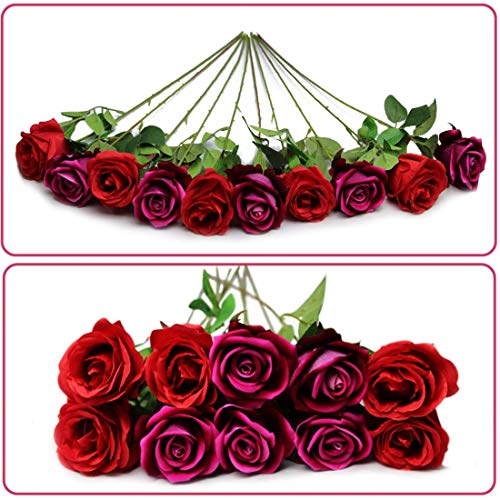 Lorigun 10 Piezas Rosas Artificiales Flores Artificiales Rosas Rosas Falsas para decoración Flores de Seda Rosa Flores Dobles Rosas Individuales Tallo Ramo (Rosado y Rojo) Cada Color 5 Piezas