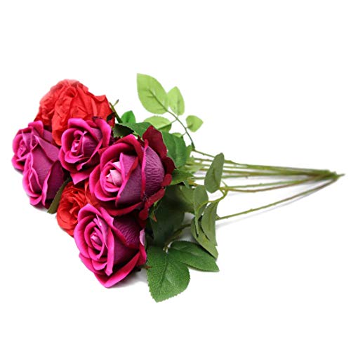 Lorigun 10 Piezas Rosas Artificiales Flores Artificiales Rosas Rosas Falsas para decoración Flores de Seda Rosa Flores Dobles Rosas Individuales Tallo Ramo (Rosado y Rojo) Cada Color 5 Piezas