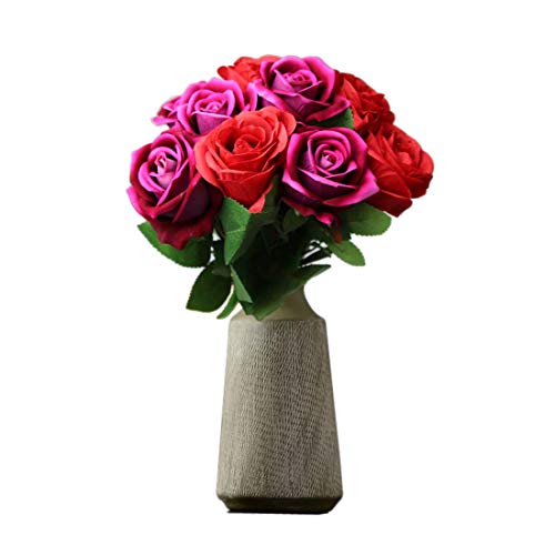 Lorigun 10 Piezas Rosas Artificiales Flores Artificiales Rosas Rosas Falsas para decoración Flores de Seda Rosa Flores Dobles Rosas Individuales Tallo Ramo (Rosado y Rojo) Cada Color 5 Piezas