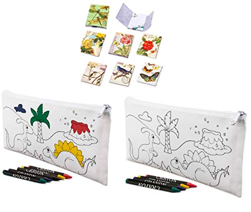 Lote de 30 Estuches para Colorear Infantiles Dinos con 4 Ceras Incluidas + 3 Libretas Bloc Notas Floral - Estuches con Pinturas para Pintar. Estuches Regalos para niños Comuniones