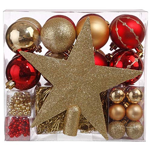 Lote de navidad - Kit 44 piezas para decorar árbol: Guirnaldas, Bolas y Estrella cima - Tema color: Oro y Rojo