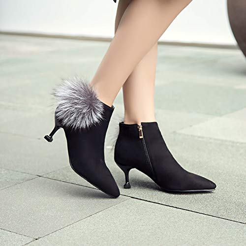 LotusTextile Botines de Mujer, Botines de Cuero de Gamuza para Mujer con Bola de Pelo, Tacones de Aguja Puntiagudos, Botas Cortas para Mujer de Gran tamaño 34-47,Negro,37EU
