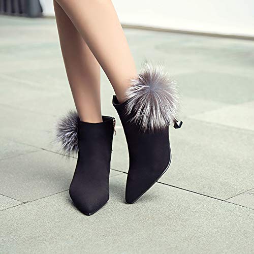 LotusTextile Botines de Mujer, Botines de Cuero de Gamuza para Mujer con Bola de Pelo, Tacones de Aguja Puntiagudos, Botas Cortas para Mujer de Gran tamaño 34-47,Negro,37EU
