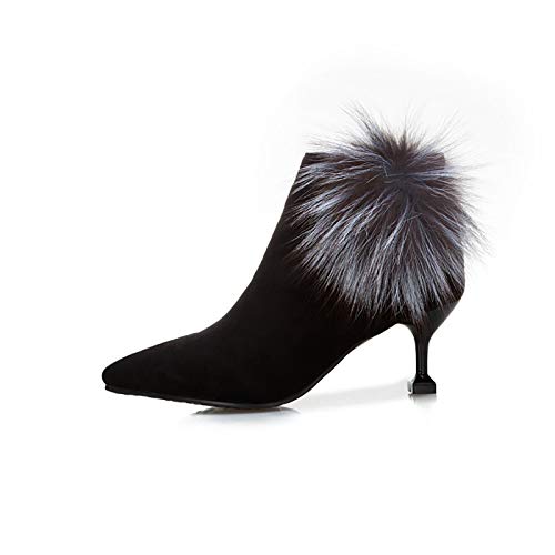 LotusTextile Botines de Mujer, Botines de Cuero de Gamuza para Mujer con Bola de Pelo, Tacones de Aguja Puntiagudos, Botas Cortas para Mujer de Gran tamaño 34-47,Negro,37EU