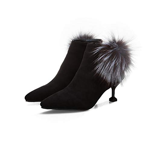 LotusTextile Botines de Mujer, Botines de Cuero de Gamuza para Mujer con Bola de Pelo, Tacones de Aguja Puntiagudos, Botas Cortas para Mujer de Gran tamaño 34-47,Negro,37EU