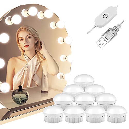 Luces de Espejo Maquillaje, Winzwon LED Lámpara de Espejo Cosmético de Tocador, Kit Luz Baño 10 Bombillas Dimmable 5 Modos, para Maquillarse, Baño, Carga USB(Sin Espejo)