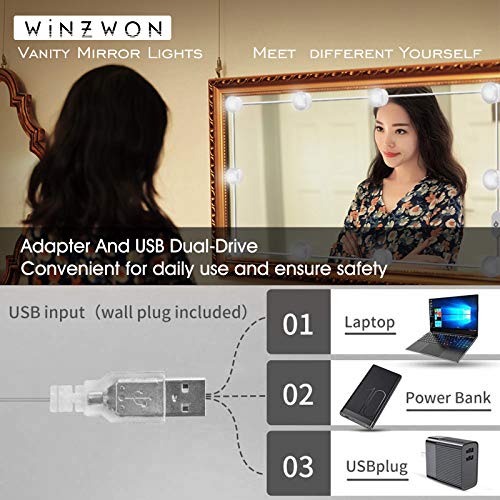 Luces de Espejo Maquillaje, Winzwon LED Lámpara de Espejo Cosmético de Tocador, Kit Luz Baño 10 Bombillas Dimmable 5 Modos, para Maquillarse, Baño, Carga USB(Sin Espejo)