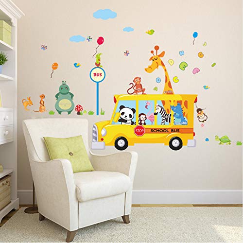 LUCKYYL Pegatinas De Pared Patron De Flores Panda Jirafa Mono Animal Autobús Escolar Apto para Sala De Estar Dormitorio Baño Wandaufkleber Spiegel