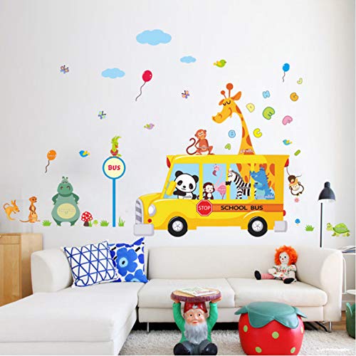 LUCKYYL Pegatinas De Pared Patron De Flores Panda Jirafa Mono Animal Autobús Escolar Apto para Sala De Estar Dormitorio Baño Wandaufkleber Spiegel