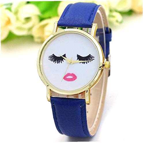 lujiaoshout Las Mujeres Labio Rojo pestañas Dial Plate Reloj analógico Simple Reloj de Cuarzo con Cuero del Brazalete del Reloj de Pulsera Built-in Blue batería