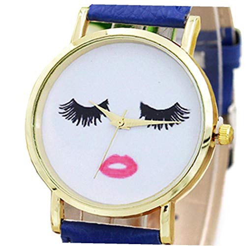 lujiaoshout Las Mujeres Labio Rojo pestañas Dial Plate Reloj analógico Simple Reloj de Cuarzo con Cuero del Brazalete del Reloj de Pulsera Built-in Blue batería