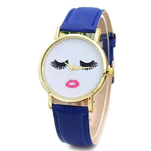 lujiaoshout Las Mujeres Labio Rojo pestañas Dial Plate Reloj analógico Simple Reloj de Cuarzo con Cuero del Brazalete del Reloj de Pulsera Built-in Blue batería